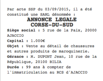 annonce legale corse du sud